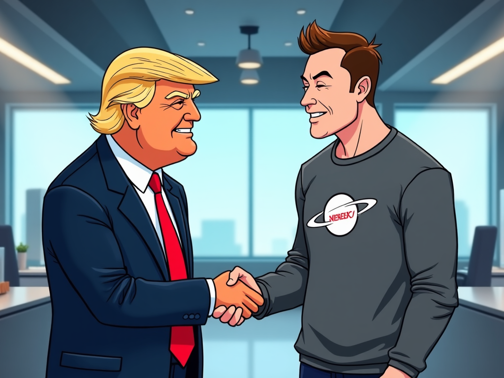 A cartoon illustration of Donald Trump with his signature blonde hair and red tie, shaking hands with Elon Musk, who is depicted with a mischievous grin and a SpaceX logo on his shirt.