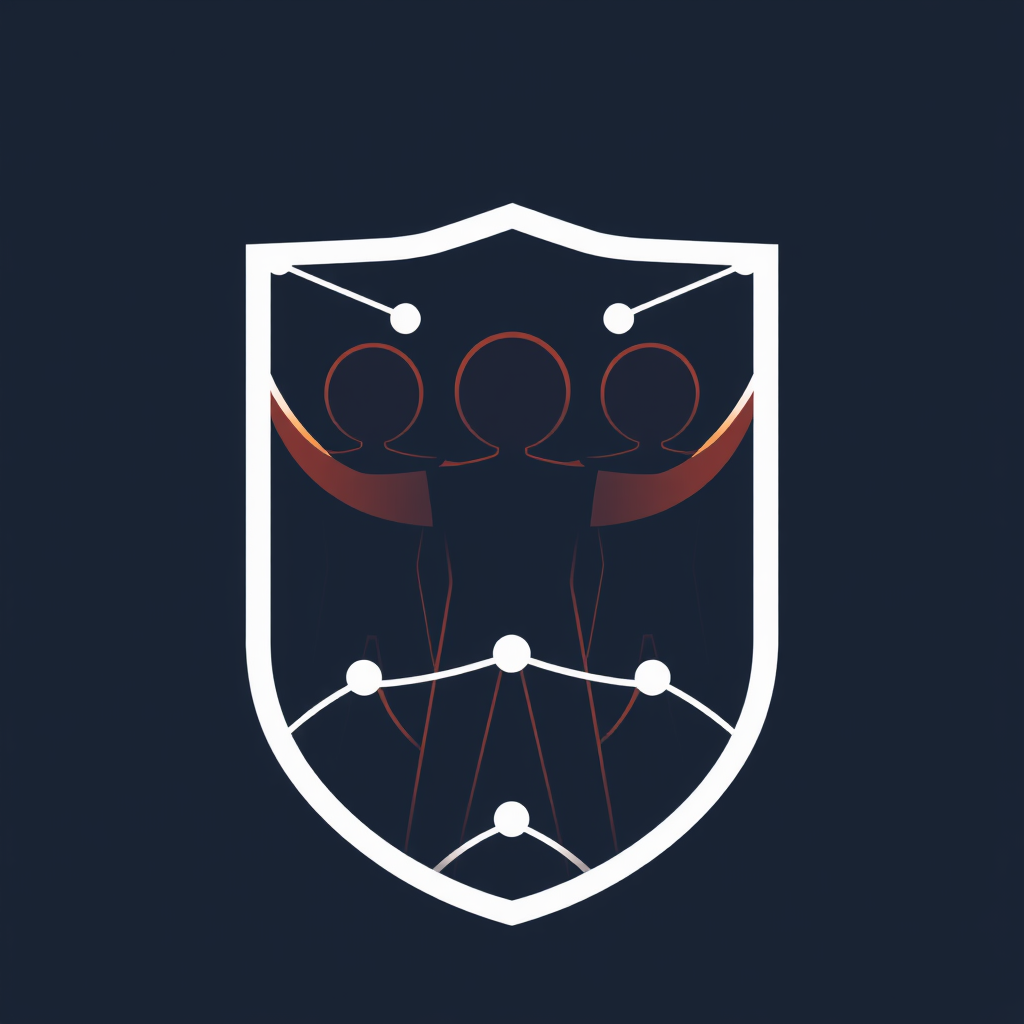 Simple Logo Idea: Stylized human figures linked arm-in-arm or hand-in-hand, arranged to visually form the structure of a safety net or protective shield.