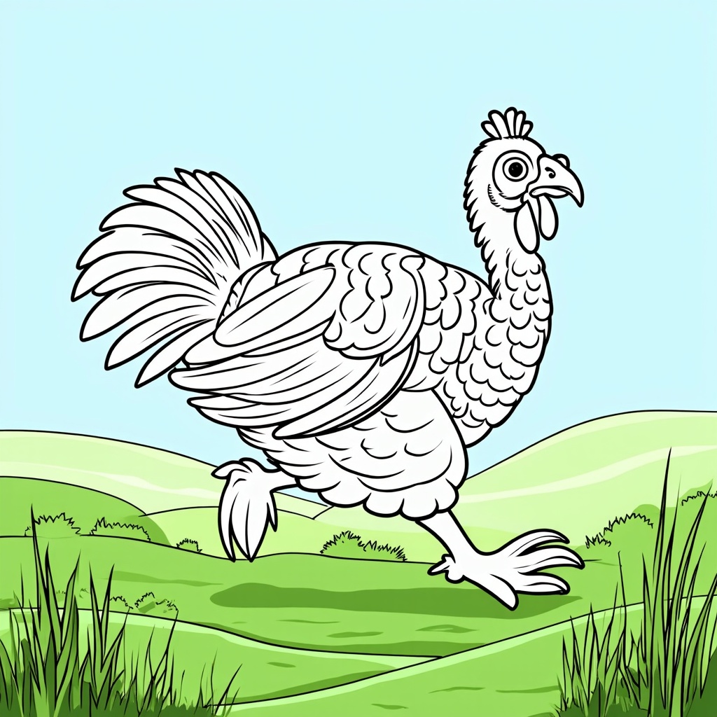 A lively turkey running through a field, feathers caught in the wind.