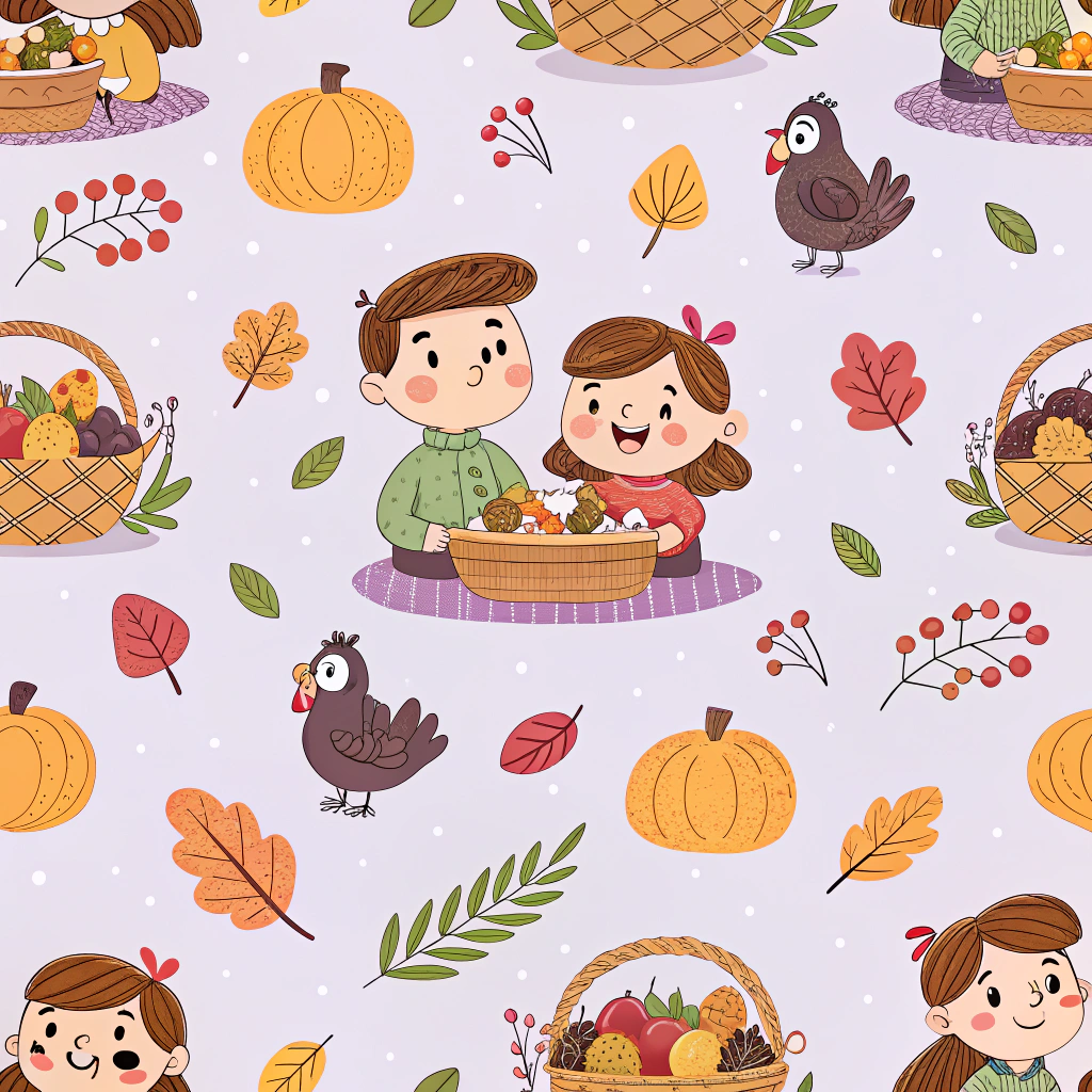 Thanksgiving pattern with simplistic drawings of a happy family having a meal, surrounded by turkeys and baskets of fruits. On a light lavender background, the scene is heartwarming and reflects the togetherness enjoyed during Thanksgiving celebrations.