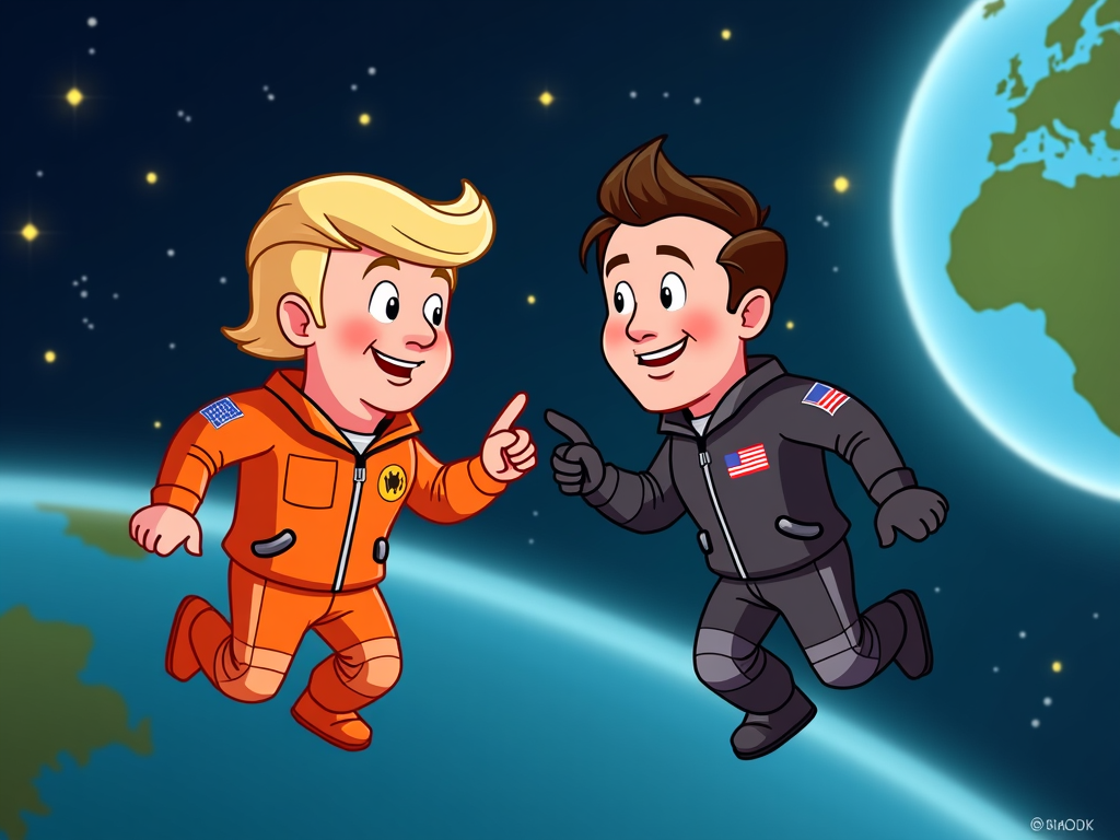 Illustration showing a cartoon Donald Trump and Elon Musk in space suits, floating in outer space, with Earth in the background and stars dotting the sky.