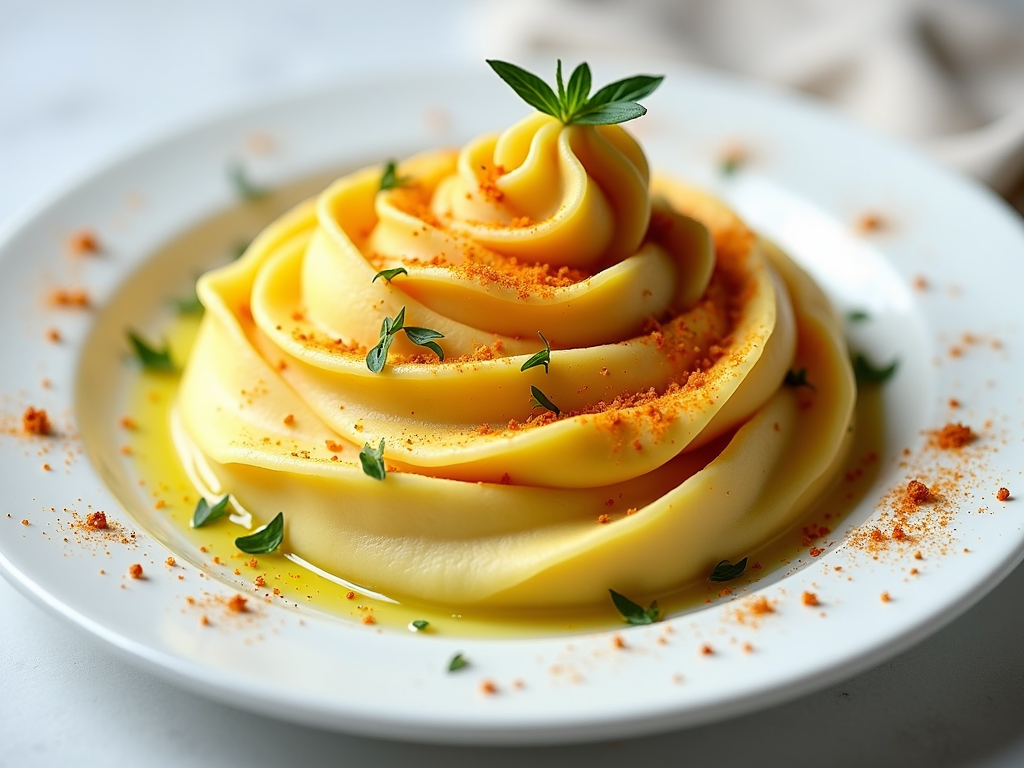 A creative expression of mashed potatoes with curry seasoning displayed as an art form, on a plain white canvas-like plate.