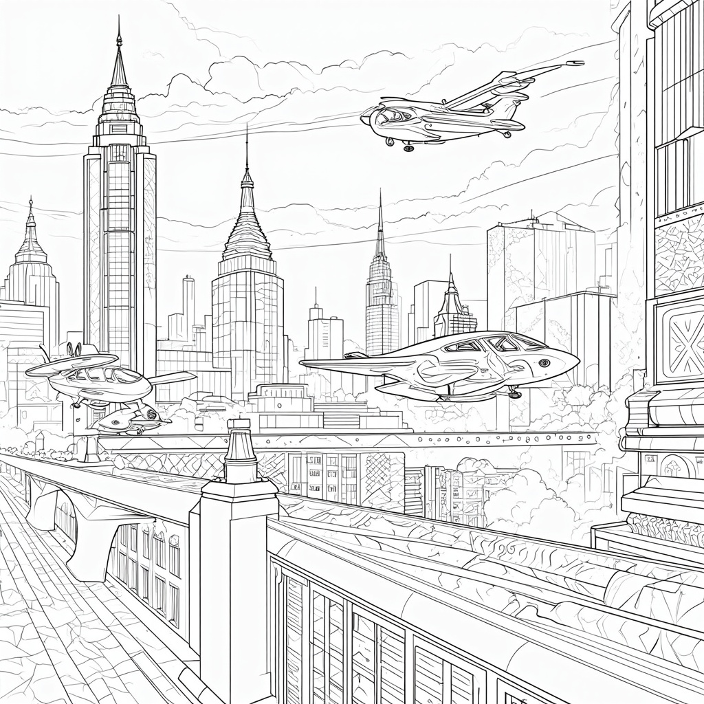 A futuristic cityscape with flying vehicles and advanced technology, offering intricate patterns and details for coloring.