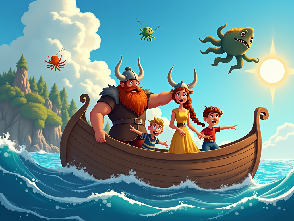 A cartoon featuring a Viking family who accidentally sets sail on a comical adventure, encountering fantastical creatures and navigating absurd situations.