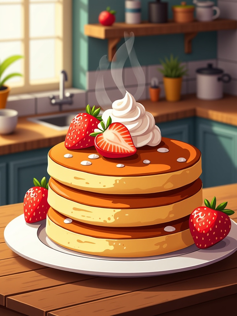  a stack of pancakes on a white plate in a kitchen. The pancakes are golden brown and appear to be freshly made. On top of the stack, there is a dollop of whipped cream and a few fresh strawberries. The plate is placed on a wooden countertop with a sink and a window in the background. There are also some potted plants and kitchen utensils on the countertop. The overall color scheme of the image is bright and cheerful.