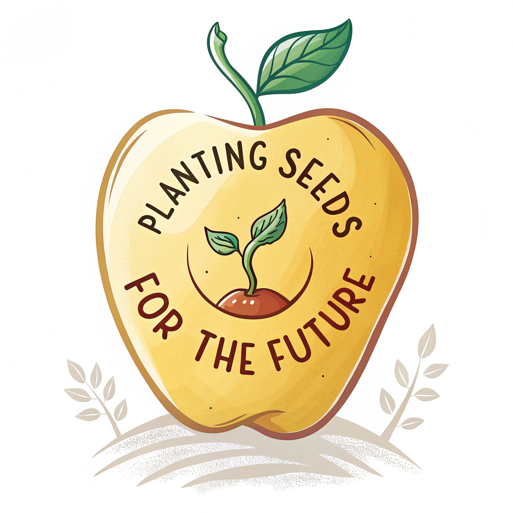 A bright, welcoming apple (a symbol of teaching) with a small green sprout emerging from its top. The text 'Planting Seeds for the Future' is written in a warm, approachable font around the apple, with 'Teachers' highlighted.