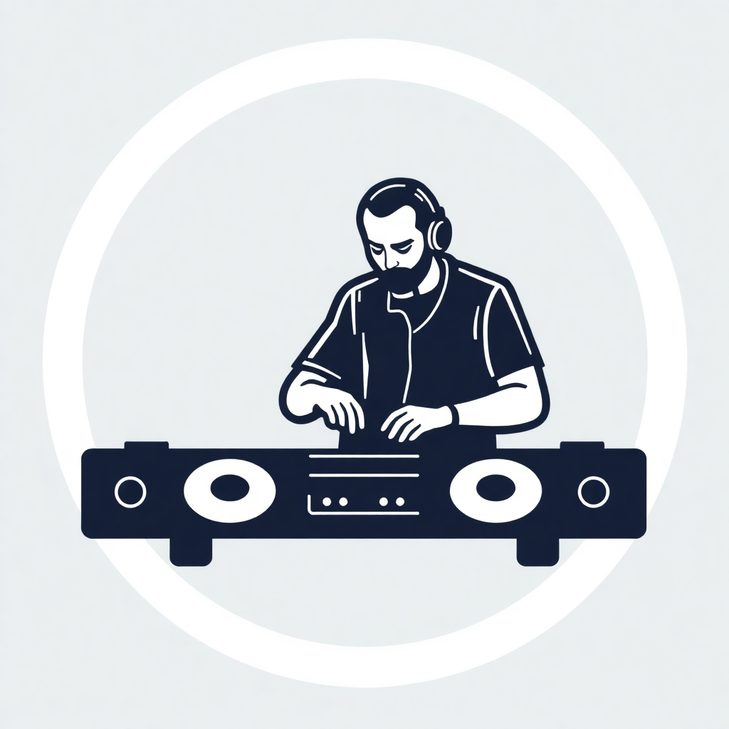 The image is a graphic illustration of a DJ playing music on a turntable. The DJ is wearing a black t-shirt and has a beard and headphones on. He is sitting in front of a black DJ mixer with two knobs and a control panel. The background is white and the image is in a circular shape. The overall design is simple and minimalistic.