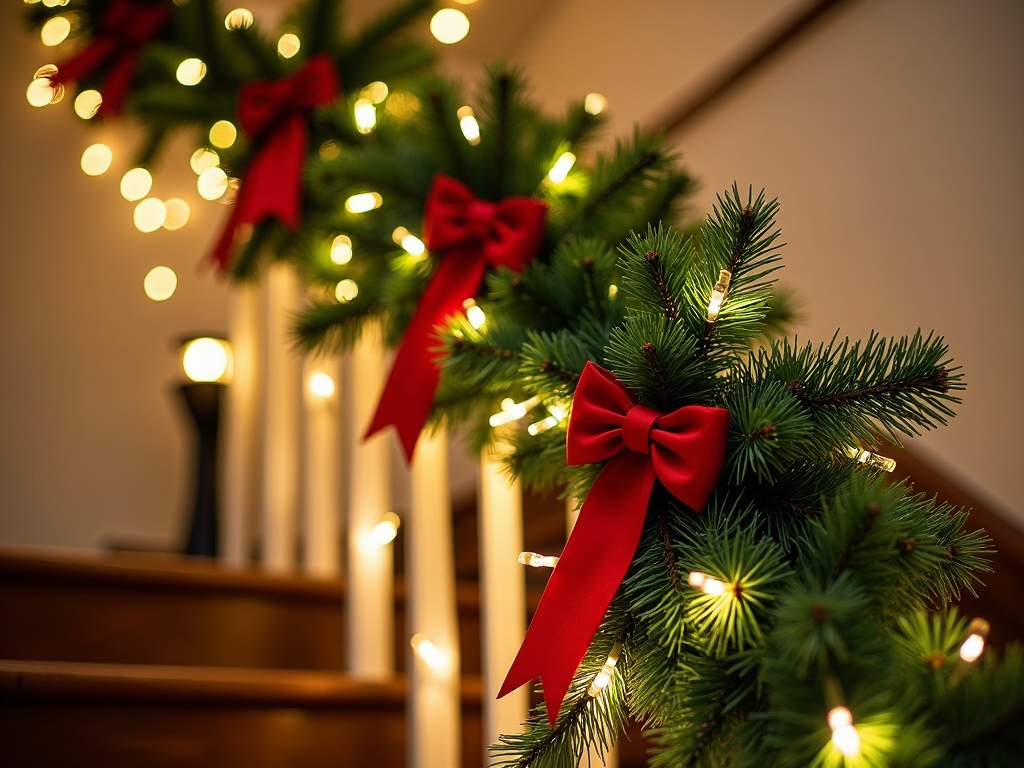 A staircase railing wrapped in a festive garland of green pine needles studded with twinkling white lights and classic red ribbon bows, making an elegant entranceway for holiday guests.