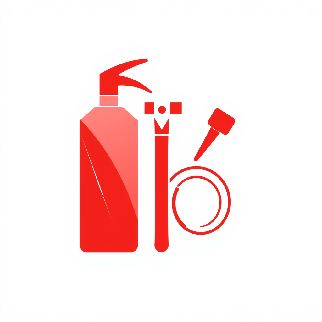 A modern, minimalist logo using geometric shapes to represent a fire extinguisher, an axe, and a hose, emphasizing safety and efficiency.