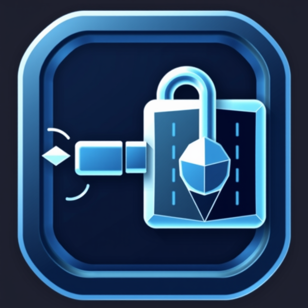 Data Packet Key & Encrypted Vault Lock: The 'key' is represented as a stylized data packet (e.g., a small cube or rectangle with an arrow indicating direction) with subtle trailing lines indicating motion or encryption. It unlocks a 'lock' icon depicted as a secure data vault or a faceted cube, with a pattern of binary code or a grid visible on its surface.