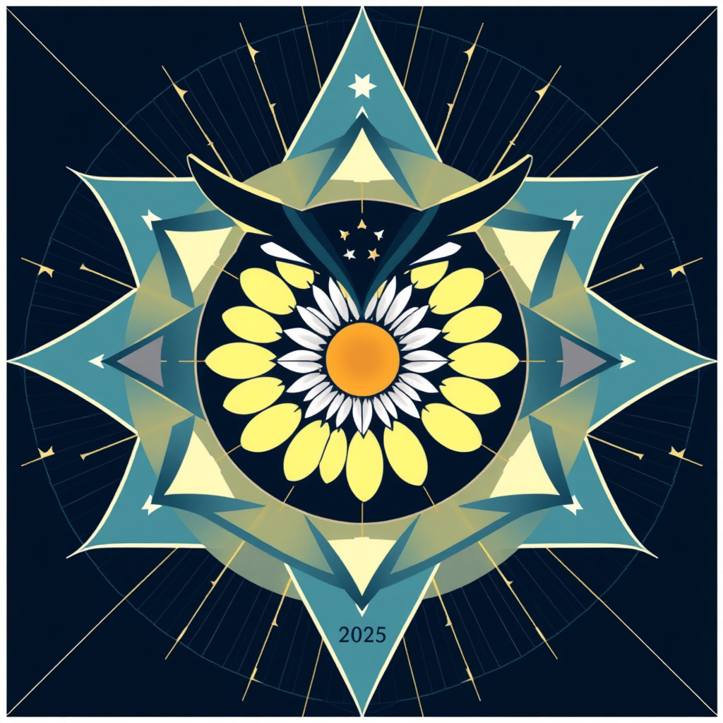 Converging Visions (Geometric Focus): An abstract, geometric design focusing on a stylized owl's eye merging with the central disc of a daisy. Radiating lines and starlight patterns connect them, with '2025' integrated into the geometric framework.