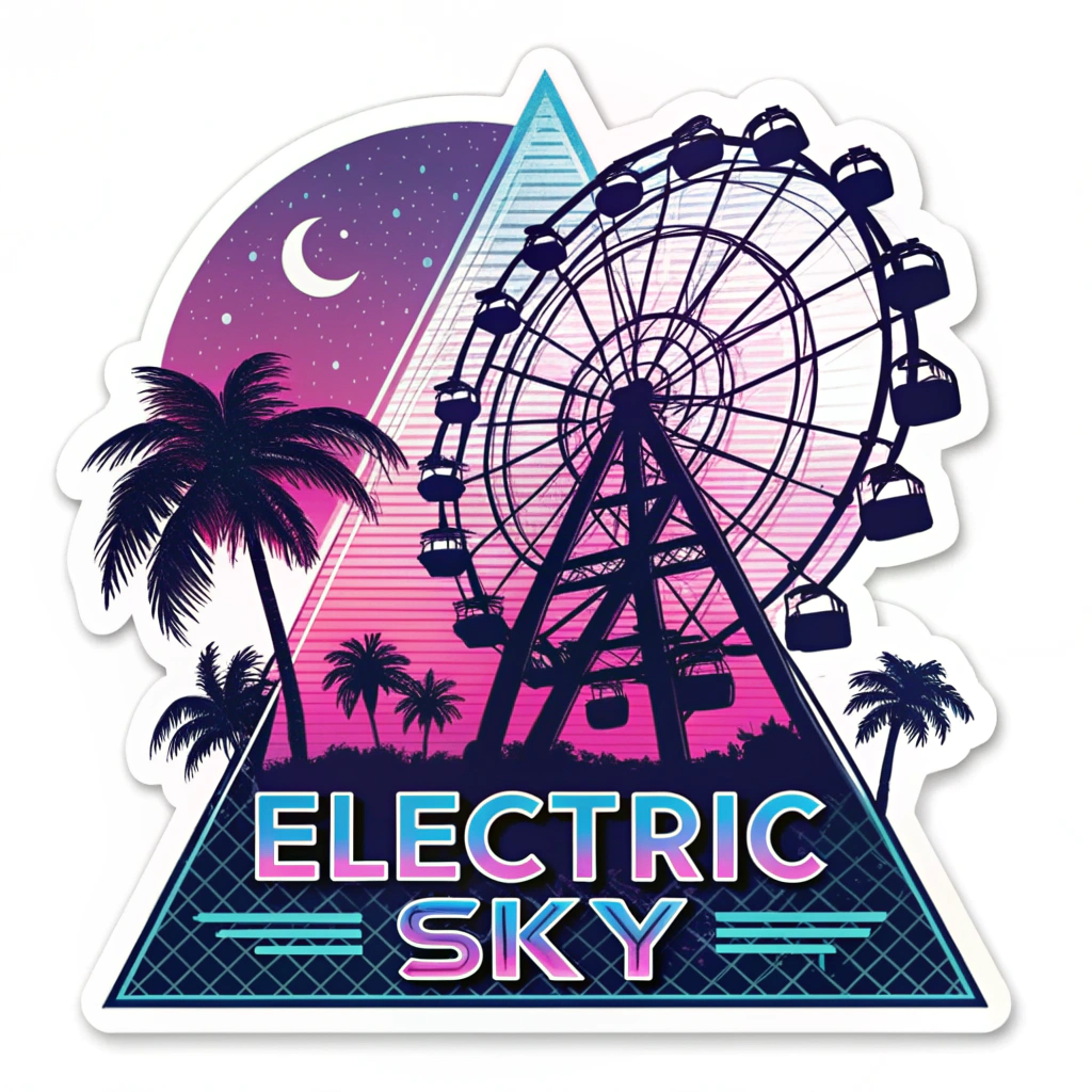 Retro Wave Sky Ride: A sticker design inspired by 80s synthwave/retrowave aesthetics. Features the Ferris wheel as a bold silhouette against a background with a neon grid receding into perspective, a stylized low sun/moon, and perhaps silhouetted palm trees. Key colors: hot pink, electric blue, deep purple. 'ELECTRIC SKY' text in a distinctive chrome-effect retro font.