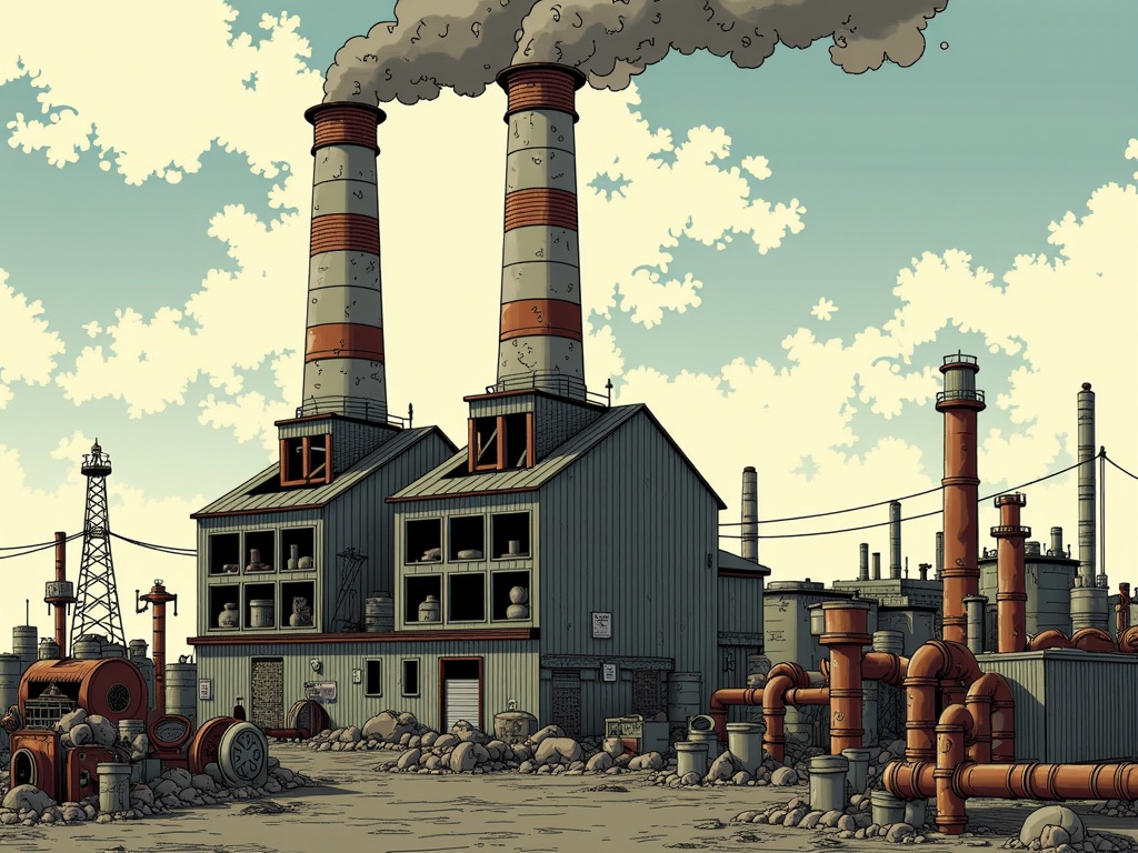 The image is an illustration of a large industrial plant with two tall chimneys emitting smoke into the sky. The plant appears to be a coal-fired power plant, with a large building in the center and several smaller buildings on either side. The chimneys are tall and cylindrical, with red and white stripes on the top. The building has multiple windows and doors, and there are several pipes and pipes running along the sides. In front of the building, there is a red tractor parked on the ground. The sky is blue with white clouds, and the ground is covered in rocks and debris. There is also a tall tower in the background. The overall mood of the image is bleak and desolate.