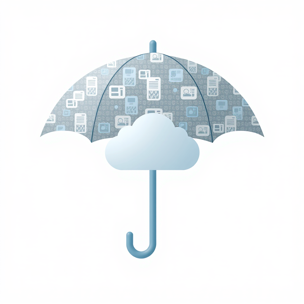 A composite icon where segments of the umbrella's fabric are replaced by abstract representations of data packets or digital files, all sheltering a central cloud symbol.