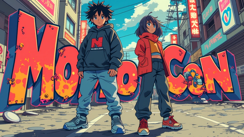 Streetwear Legends: Depict classic anime characters dressed in trendy, modern streetwear that subtly references their original costume designs and color palettes. The setting could be an urban environment infused with MomoCon's energetic atmosphere, perhaps with stylized graffiti of the con's logo.
