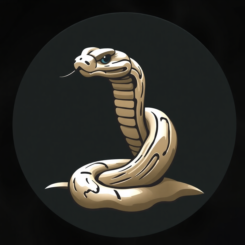 The image is a digital illustration of a cobra. The cobra is in the center of the image, with its body facing towards the left side of the frame. Its head is turned slightly to the right, and its eyes are a piercing blue color. The snake's body is a light beige color, with a curved tail and sharp teeth. The background is black, making the cobra stand out. The image is in a circular shape, with no other elements in the background.