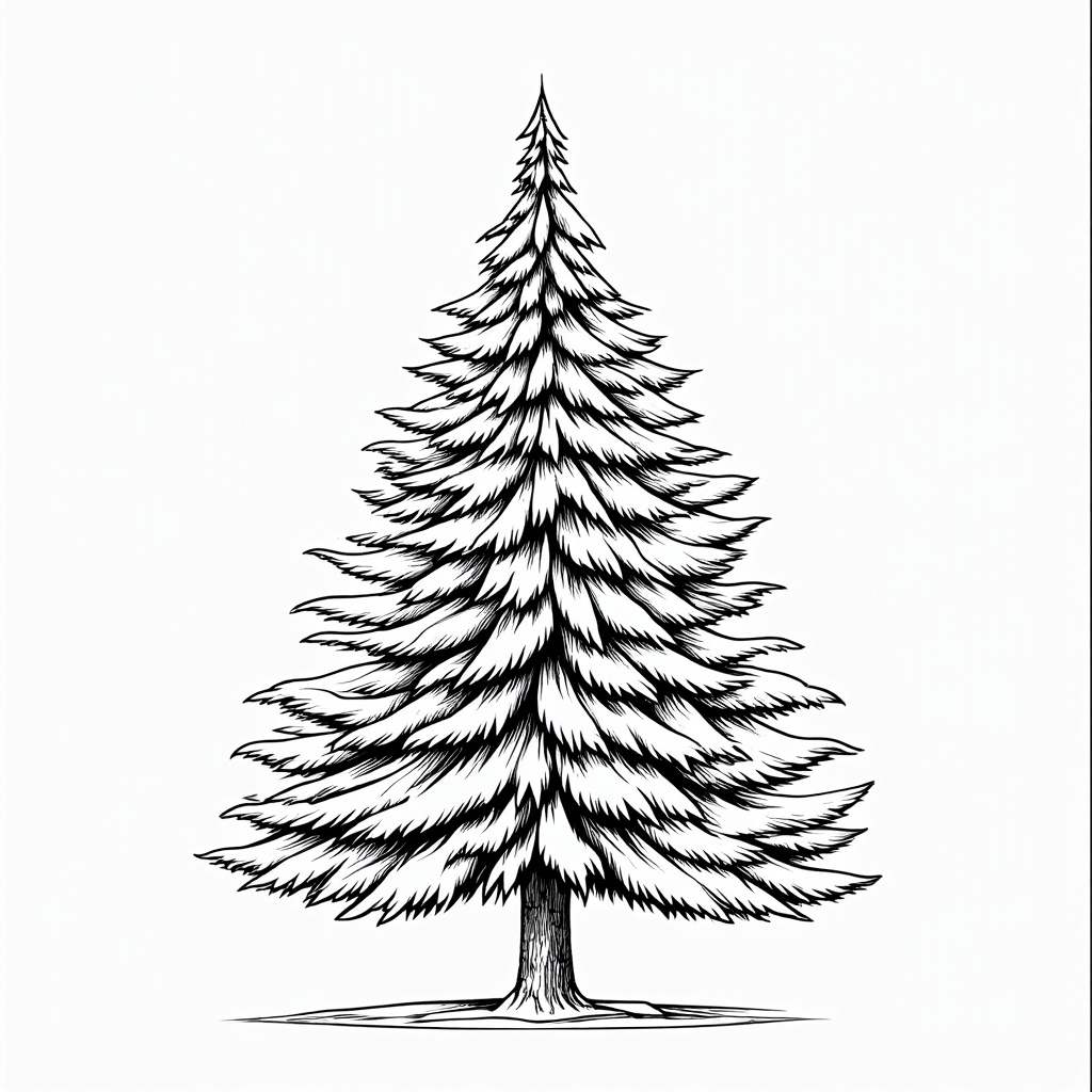 The image is a black and white line drawing of a tall pine tree. The tree is standing on a flat base with a thin trunk and a pointed top. The branches of the tree are covered in a thick layer of snow, giving it a wintery appearance. The needles are densely packed together, creating a dense canopy. The background is plain white, making the tree stand out. The image is square in shape and has a simple, minimalist design.