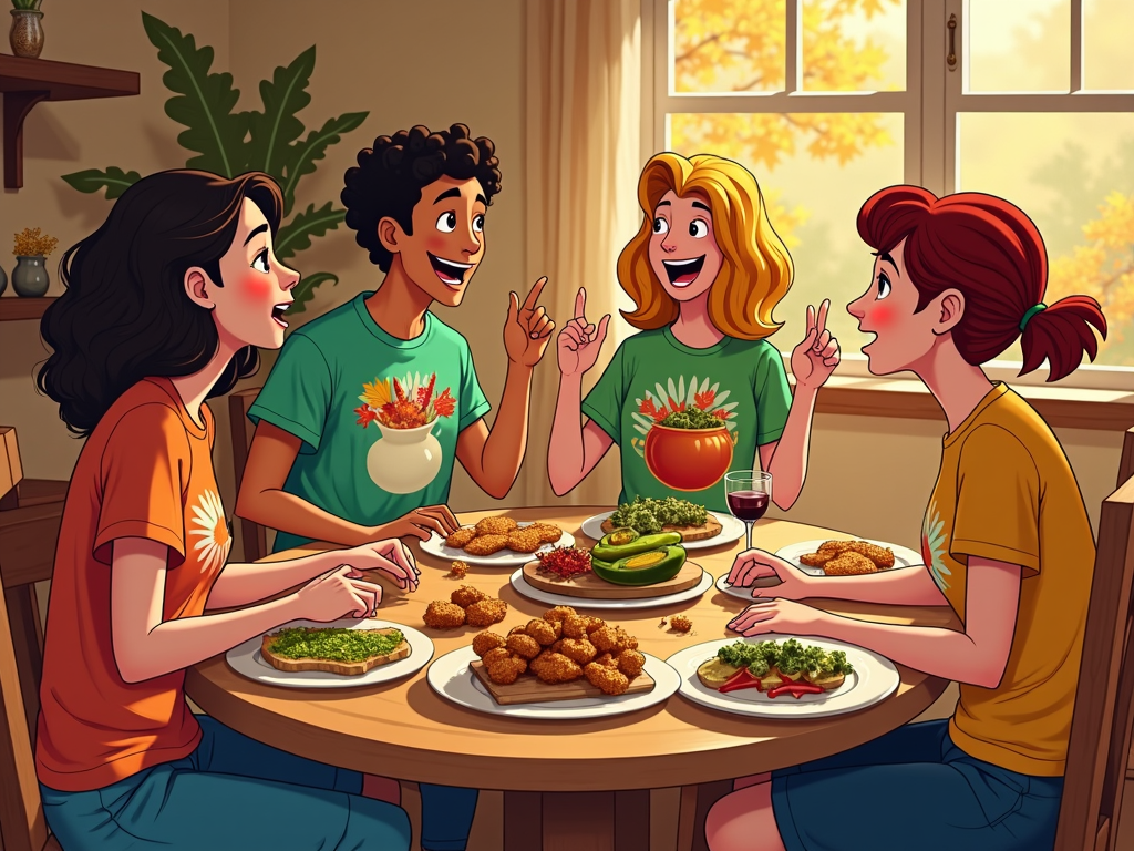 An all-vegan cartoon Thanksgiving dinner captivates with animated dishes like avocado toast, walnut-stuffed mushrooms, and spicy kale chips spread across a table. Young adults dressed in themed organic cotton tees engage in passionate conversations on ethical food culture, illustrating both traditional hallmarks and evolving social ideas.