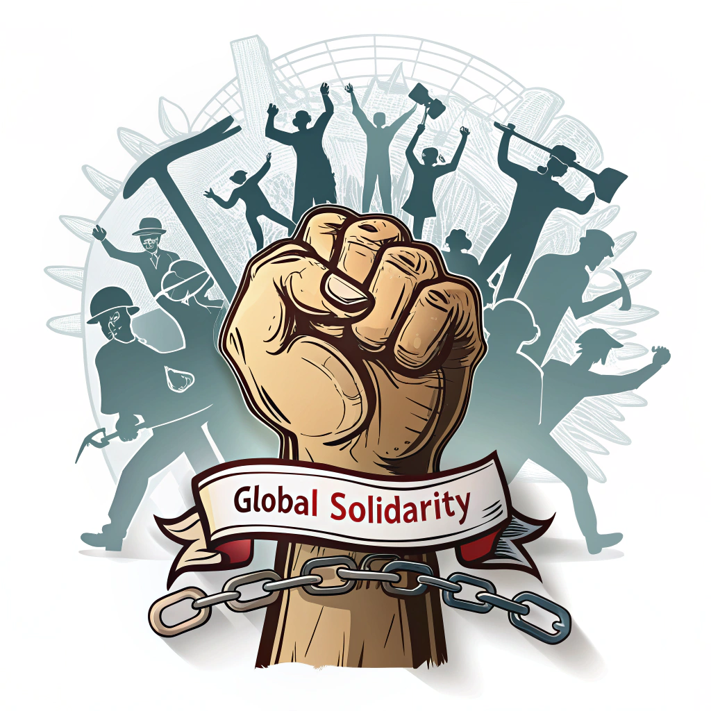Sub-design 4: Clasped hands depicted breaking a chain. The background could feature silhouettes of diverse workers or tools of various trades, uniting under the 'Global Solidarity' theme.