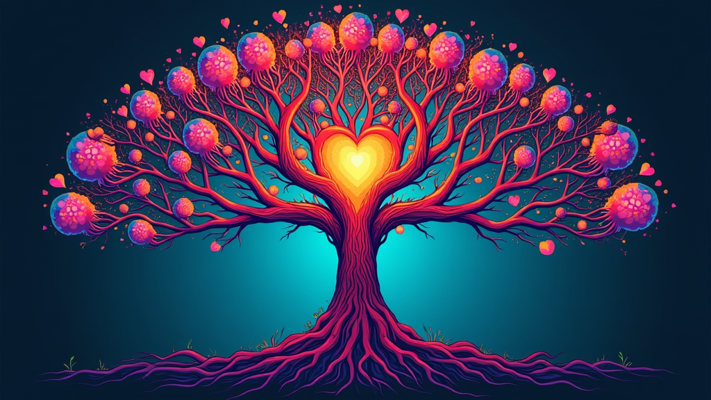 Chromatic Rhythm Tree: Visualize a stylized tree, reminiscent of EDC's art installations, where the branches form a complex heartbeat pattern. The leaves are individual splashes of spectrum colors, and the roots subtly spell out PLUR or have those letters carved into them. The trunk could be a solid, grounded color.