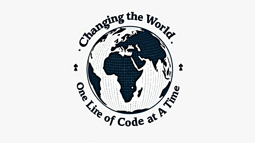T-shirt design featuring a stylized globe intricately woven from lines of binary code or programming symbols, with a subtle female silhouette or symbol integrated within the pattern. The slogan 'Changing the World, One Line of Code at a Time' arches around or sits beneath this global design.