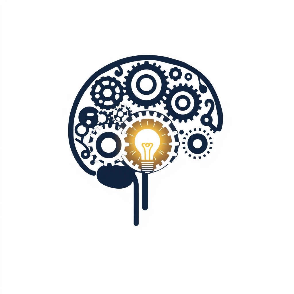 Sub Design Idea 3 (Cerebral Mechanism): A stylized silhouette of a human head or brain where the internal structure is depicted as an interconnected system of abstract gears. A bright light or a glowing 'idea' symbol (e.g., a lightbulb) shines from within or radiates outwards from the 'brain-gear' system.
