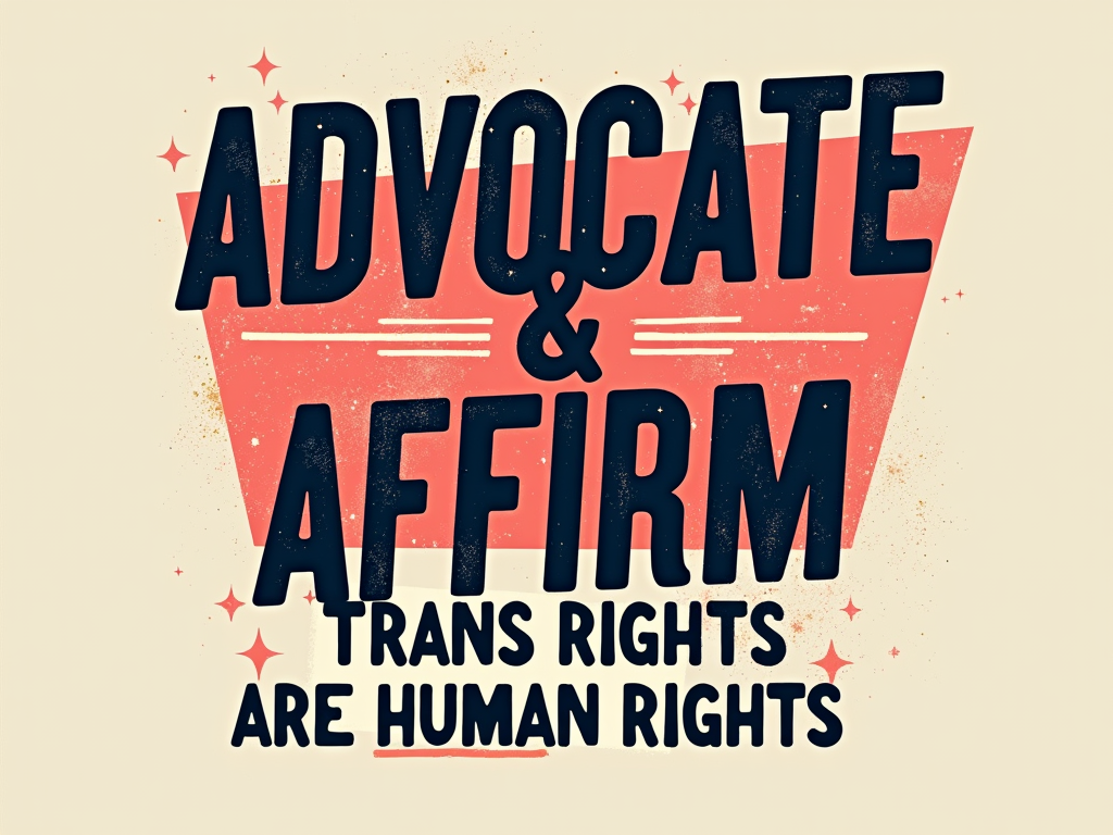 Sub-design Idea 5: Statement piece with 'ADVOCATE & AFFIRM' as the dominant textual element in a strong, commanding font. 'Trans Rights are Human Rights' positioned as the foundational message, perhaps slightly smaller or in a contrasting style, highlighting the call to action.