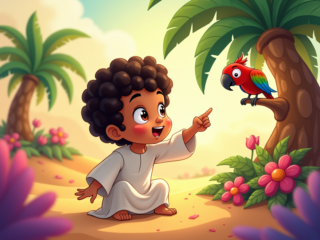 A Qatari kid imagines discovering a hidden oasis in the desert, with fantastical plants and animals. The style is vibrant and playful, suited for children.