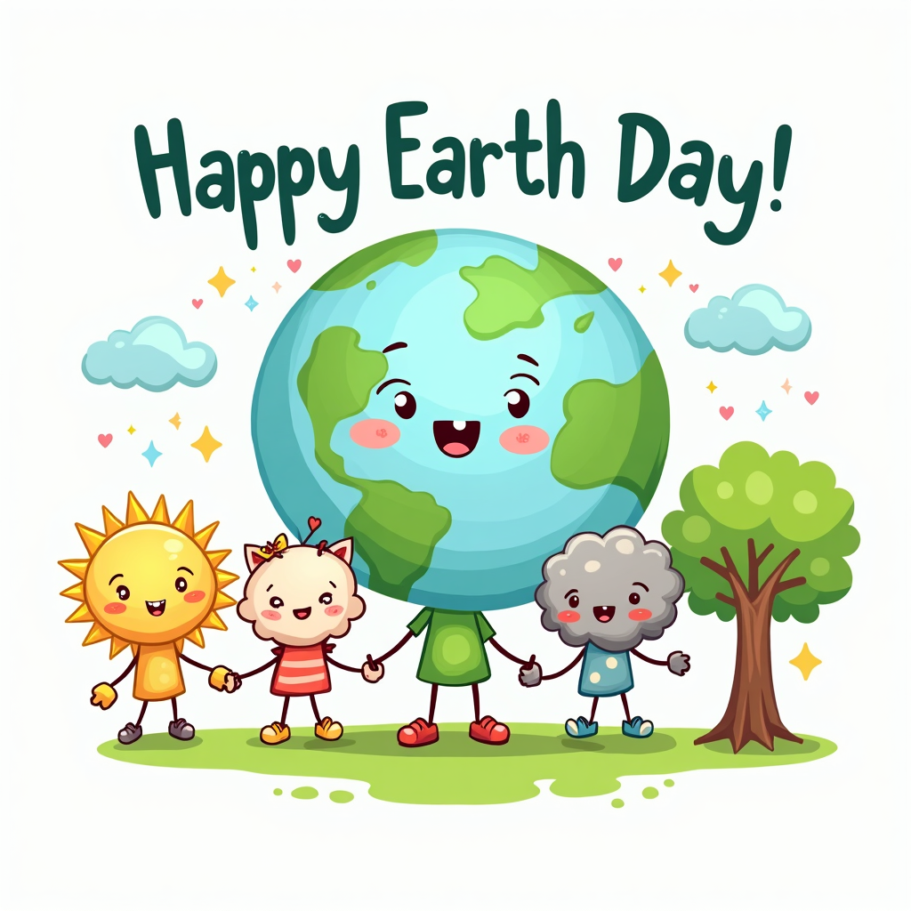 A doodle-style Earth character with big, friendly eyes and a smile, holding hands with other cute, childlike drawings of a sun, a cloud, and a tree. Text like 'Happy Earth Day Friends!' in a playful, hand-drawn font.