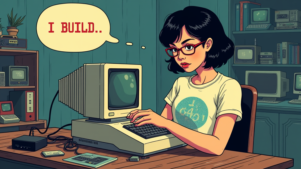 An illustration depicting a woman confidently assembling a retro computer (stylistically similar to an Apple II or Commodore 64). A speech bubble above her contains binary code that translates to 'I BUILD'. The supporting slogan reads: 'Retro Hardware, Modern Power'.