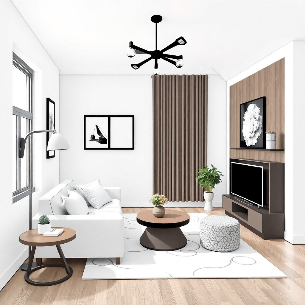  a modern living room with a minimalist design. The room has white walls and wooden flooring. There is a large window on the left side of the room with white curtains. On the right side, there is a white sofa with gray throw pillows and a wooden coffee table in front of it. Above the sofa, there are two black and white framed pictures hanging on the wall.  In the center of the living room is a round coffee table with a vase of white flowers on top. Next to the coffee table is a small round ottoman with a gray and white patterned cushion. On top of the ottomans is a flat-screen TV mounted on a wooden cabinet. The TV is turned on and there are several potted plants scattered around the room, adding a touch of greenery to the space. A black ceiling fan with six lights hangs from the ceiling, creating a warm and inviting atmosphere.