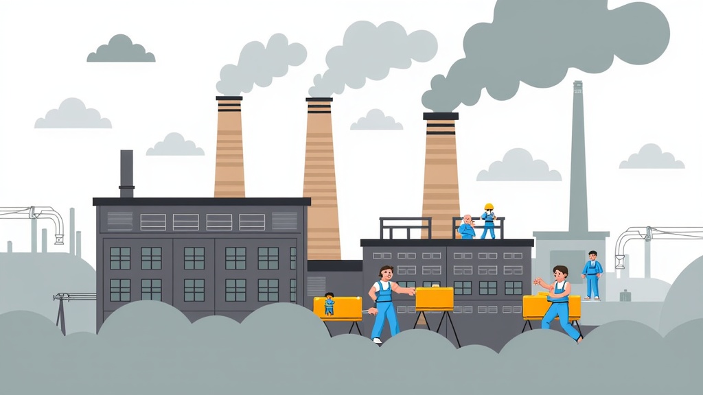 The image is an illustration of a factory with three tall chimneys emitting smoke into the sky. The factory is located in a mountainous area with a cloudy sky in the background. In front of the factory, there are several workers wearing blue overalls and hard hats, working on a conveyor belt. The workers are carrying yellow boxes and appear to be sorting through the boxes. There are also several cranes and other machinery visible in the image. The overall mood of the image is industrial and busy.