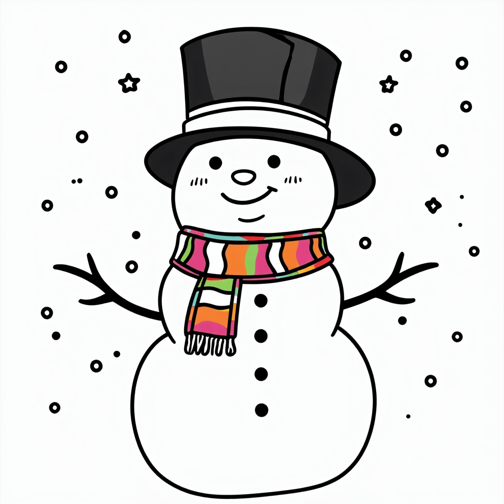 The image shows a snowman wearing a top hat and scarf, surrounded by a white background with black dots.