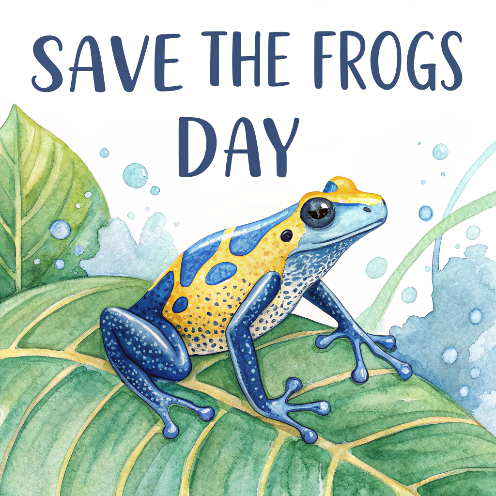 Depict a brightly colored poison dart frog (using blues and yellows) in a watercolor style, perched on the edge of a large tropical leaf with watercolor water droplets. Include the text 'Save The Frogs Day' in a clean, modern sans-serif font arching over the top.