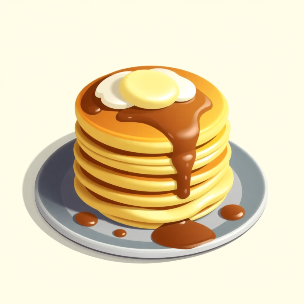  a stack of pancakes on a blue plate. The pancakes are golden brown and appear to be freshly made. On top of the stack, there is a dollop of butter and a drizzle of syrup. The syrup is dripping down the sides of the pancakes. The plate is round and has a light blue rim. The background is plain white.