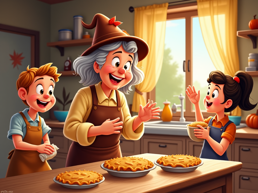 In a cozy cartoon home, everyone contributes to creating a Thanksgiving dinner. As pies cool on the windowsill, family members rush past each other with animated energy. An elderly family member, wearing a fun turkey hat, instructs the younger ones on the perfect pie crust, creating a delightful picture of togetherness through culinary artistry.