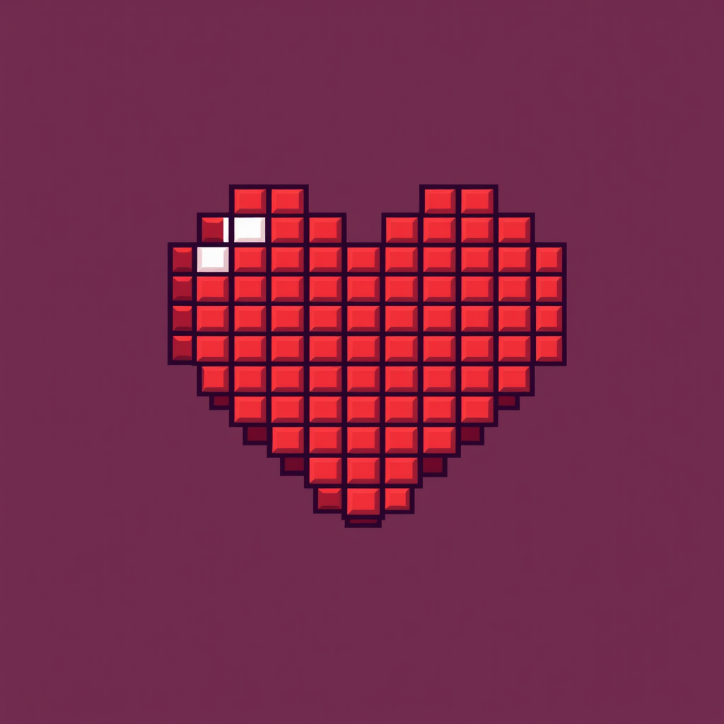 A heart icon constructed entirely from individual pixels, evoking an 8-bit or retro gaming aesthetic. Each pixel should be clearly defined, creating a blocky but recognizable heart shape.