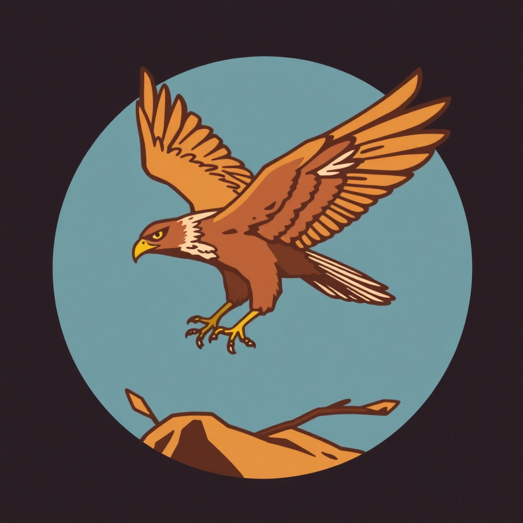 The image is an illustration of a bird of prey, specifically a hawk, in flight. The bird is in the center of the image, with its wings spread wide and its head turned towards the right side of the frame. It has a brown body with white markings on its wings and tail feathers. Its beak is yellow and its eyes are dark. The background is a light blue circle, and there is a brown rock in the bottom right corner. The overall style of the illustration is flat and cartoon-like.