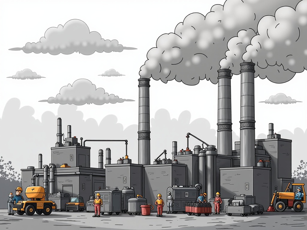 The image is an illustration of a large industrial plant with multiple tall chimneys emitting black smoke. The factory is located in a rural area with trees and bushes in the background. The sky is cloudy and the ground is wet, suggesting that it has recently rained.  In front of the factory, there are several workers wearing hard hats and hard hats, working on various machines and equipment. There are also several vehicles, including a bulldozer and a forklift, parked on the ground. The workers appear to be engaged in some kind of activity, possibly inspecting or inspecting the factory. The smoke from the chimneys is billowing up into the sky, creating a hazy effect. The overall mood of the image is bleak and industrial.