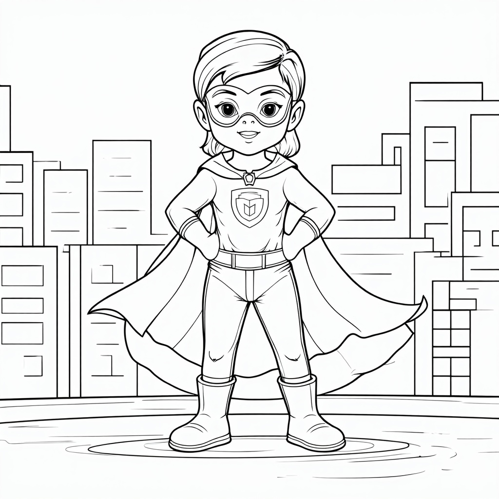 A child wearing a cape and mask, standing heroically with a cityscape in the background.