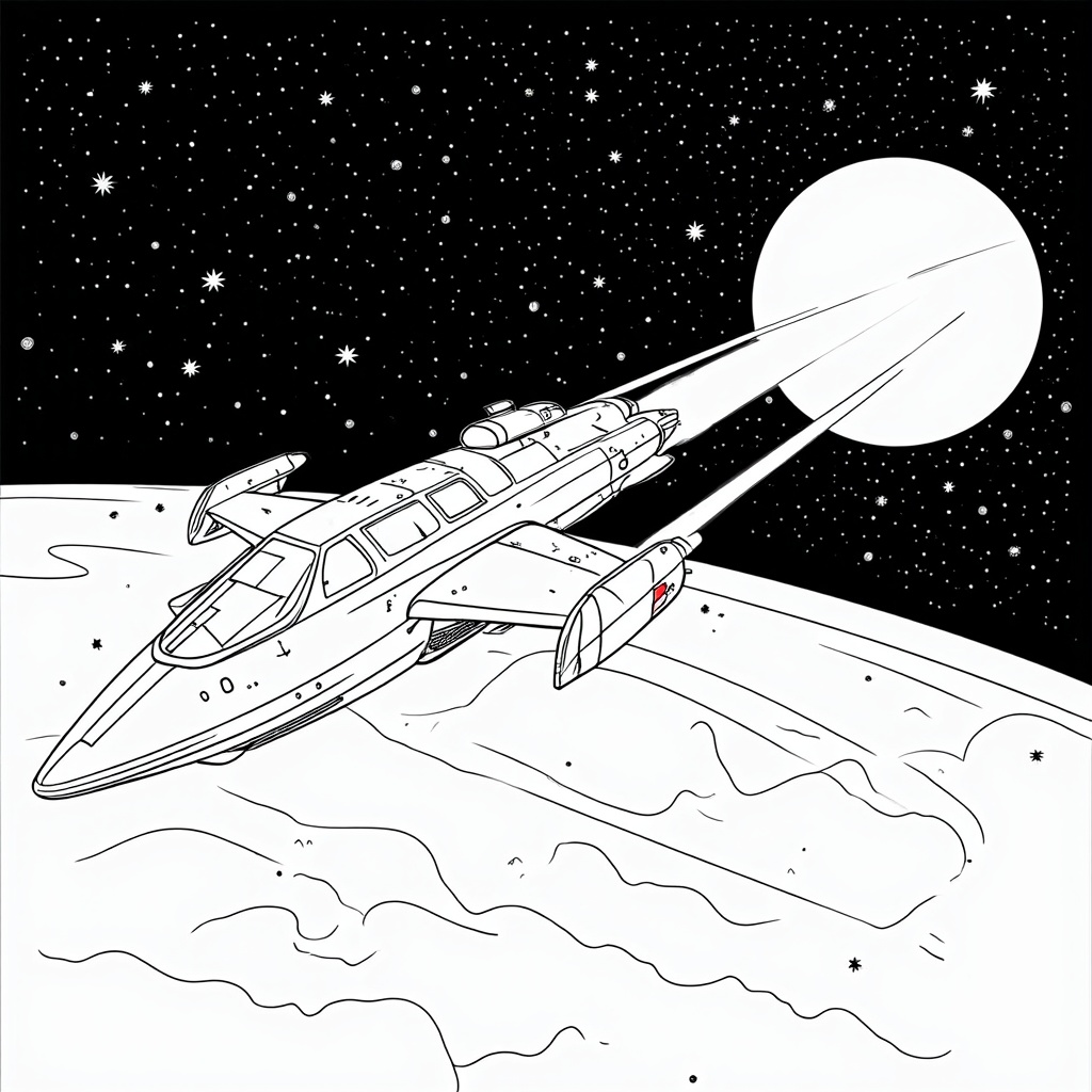 Sub-design Idea 5: A wide shot showing the Starliner as a powerful streak climbing into a dark, star-filled sky or a vibrant sunrise/sunset. The long, glowing tail of its fiery ascent should be a key feature for coloring.