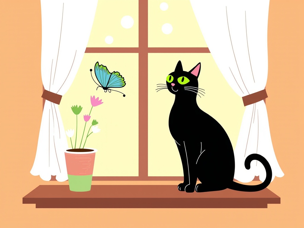 The image is an illustration of a black cat sitting on a window sill. The cat is facing towards the right side of the image and is looking towards the left side. It has green eyes and is sitting on its hind legs with its tail curled around its body. Next to the cat, there is a potted plant with pink and white flowers and a blue butterfly. The window is open with white curtains and the background is a light orange color. The overall style of the illustration is cartoon-like.