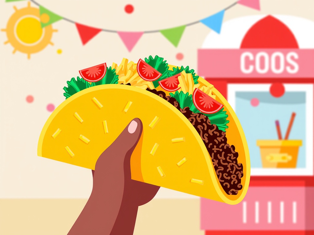 The image is an illustration of a hand holding a taco. The taco is yellow in color and has a variety of ingredients on it, including shredded cheese, lettuce, tomato slices, and ground beef. The background is a pink vending machine with the word COOS written on it. There are also colorful bunting flags and a sun in the background. The overall theme of the image is Mexican food.