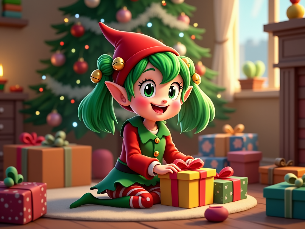  a cartoon elf sitting on the floor in front of a Christmas tree. The elf has green hair and is wearing a red hat with gold bells on top. She is holding a yellow gift box with a red ribbon in her hands and is smiling at the camera. There are several other gift boxes scattered around the room, some of which are wrapped in colorful paper and tied with ribbons. The Christmas tree is decorated with colorful ornaments and lights, and there is a fireplace in the background. The room appears to be decorated for the holiday season.