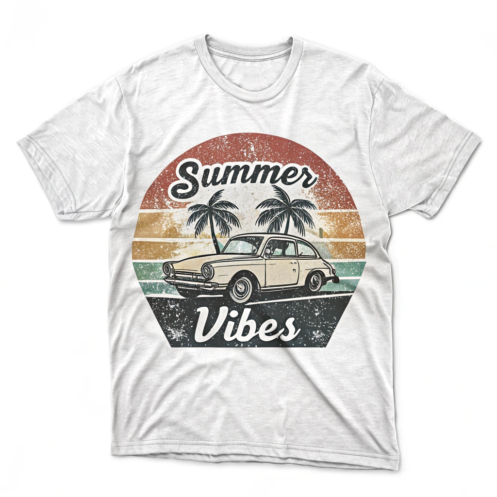 The image is of a white t-shirt with a graphic design on the front. The design features a vintage car with palm trees in the background. The car is in the center of the design, with the words Summer Vibes written above it in a retro font. The background is a gradient of orange, yellow, and green colors, creating a sunburst effect. The overall design has a vintage feel to it.