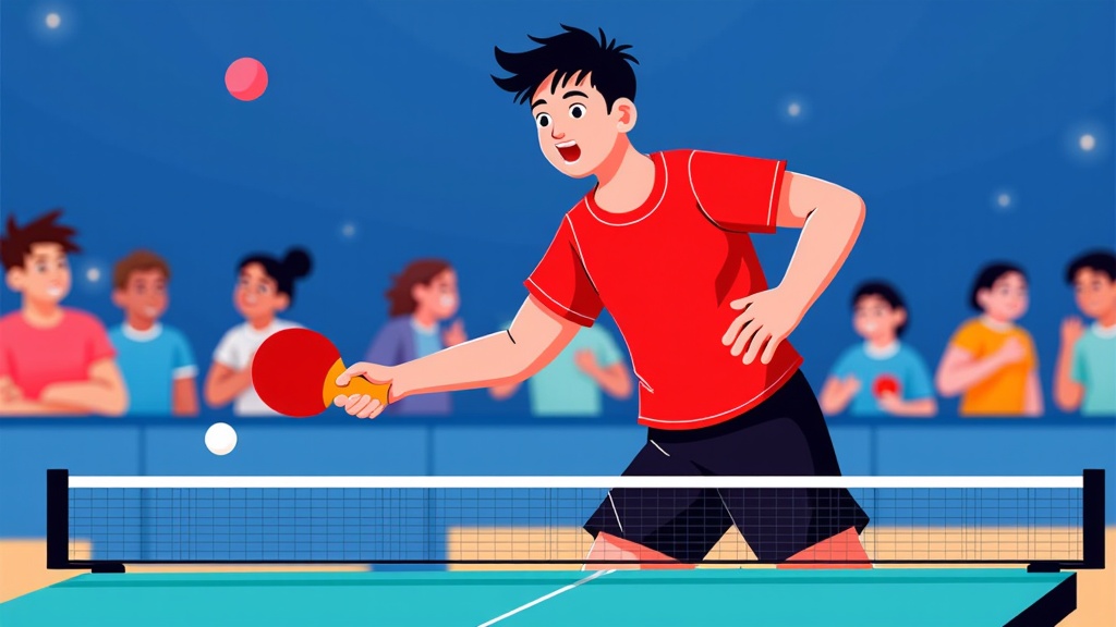  a young man playing table tennis. He is wearing a red t-shirt and black shorts and is holding a red ping pong paddle in his right hand. He appears to be in the middle of a game, as there is a net in front of him and a red ball in the air. In the background, there are several people watching the game, some of whom are sitting and some are standing. The background is blue and there are small white dots scattered throughout the image. The overall mood of the image is playful and energetic.