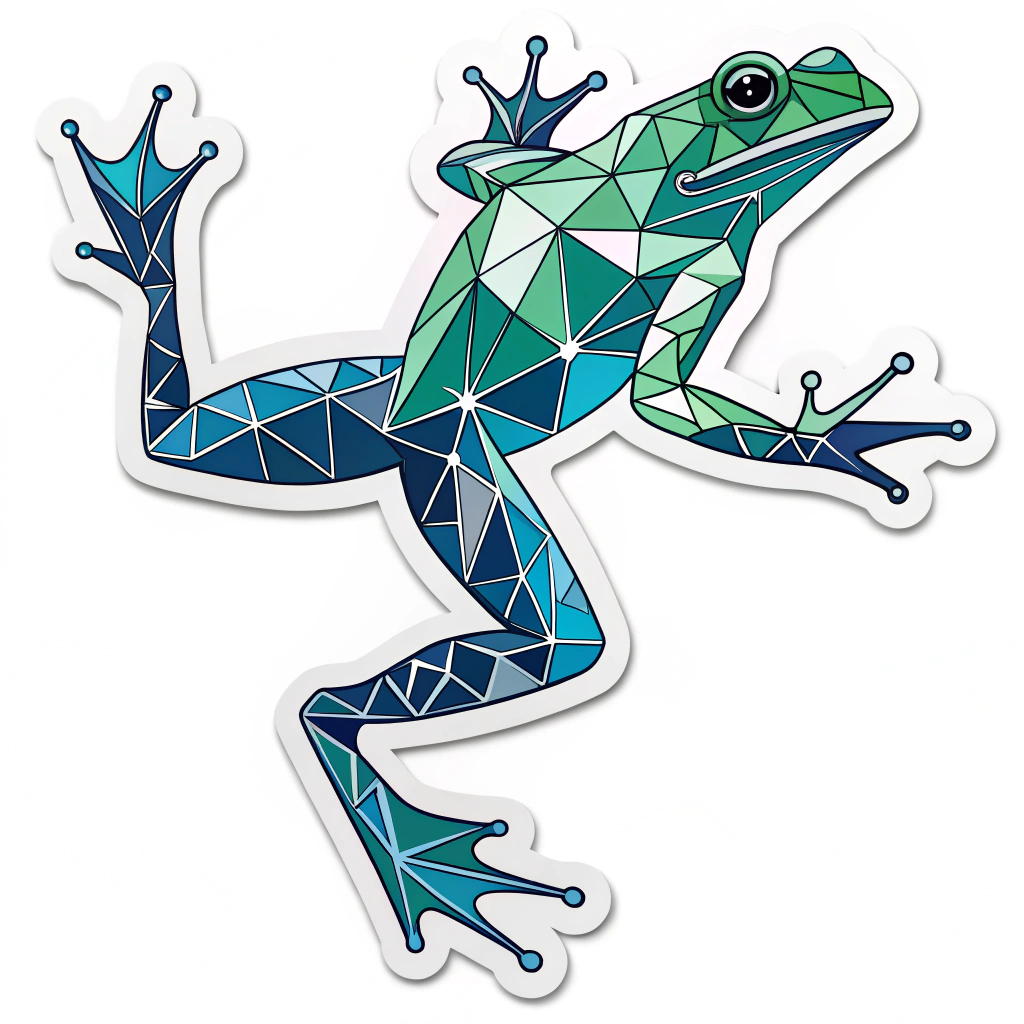 An abstract representation of a leaping frog using sharp angles and geometric fragments, perhaps using blues and greens.