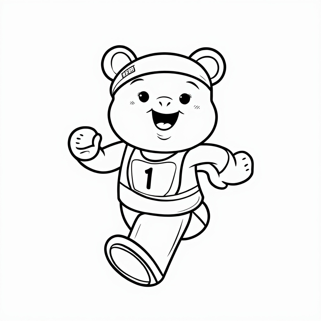 Simple Icon Idea - Sporty Gummy Mascot: A single, cheerful gummy bear character in a dynamic pose (e.g., mid-sprint or jumping for joy), wearing a small sports headband and a bib with the number '1'. Designed with clear, bold outlines suitable for a recurring icon or small illustration throughout the coloring book.