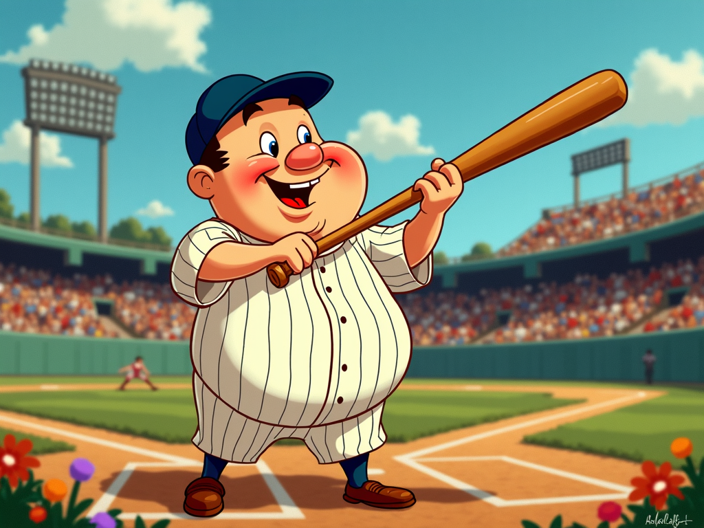 Golden Age Animation Babe: Depict Babe Ruth in the rubber hose or early expressive cel animation style of the 1930s-1940s (e.g., Fleischer Studios, early Disney). Focus on exaggerated movements, an affable, larger-than-life personality, and perhaps humorous scenarios or classic baseball gags.