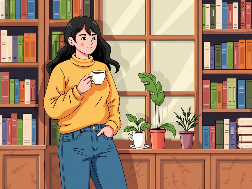  a young woman standing in front of a bookshelf. She is wearing a yellow sweater and blue jeans. She has long dark hair and is holding a white coffee cup in her hand. The bookshelves behind her are filled with colorful books of different sizes and colors. There are two potted plants on the windowsill, one with green leaves and the other with pink flowers. The overall style of the illustration is cartoon-like.